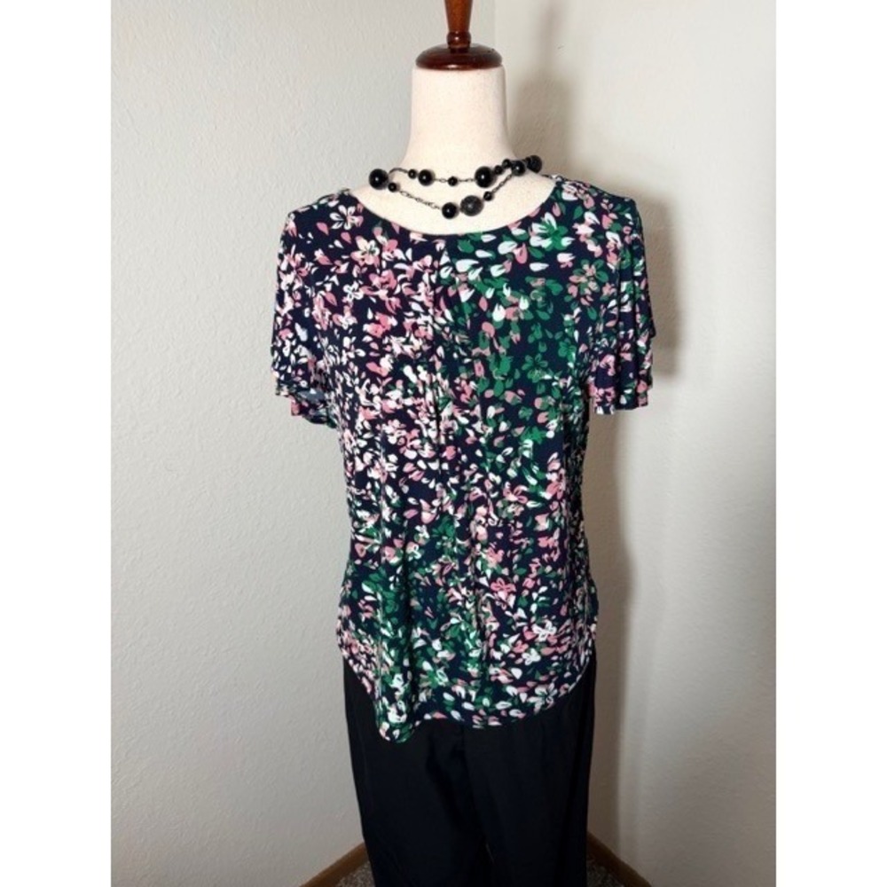 Liz Claiborne Blue Blouse w/floral Print Short Sleeve Top Size‎ Large - Picture 5 of 11